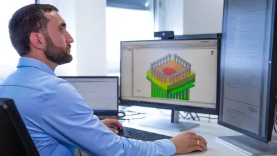 Bosch Ingenieur arbeitet am Computer mit CAD-Modell eines Elektrolyse-Stacks
